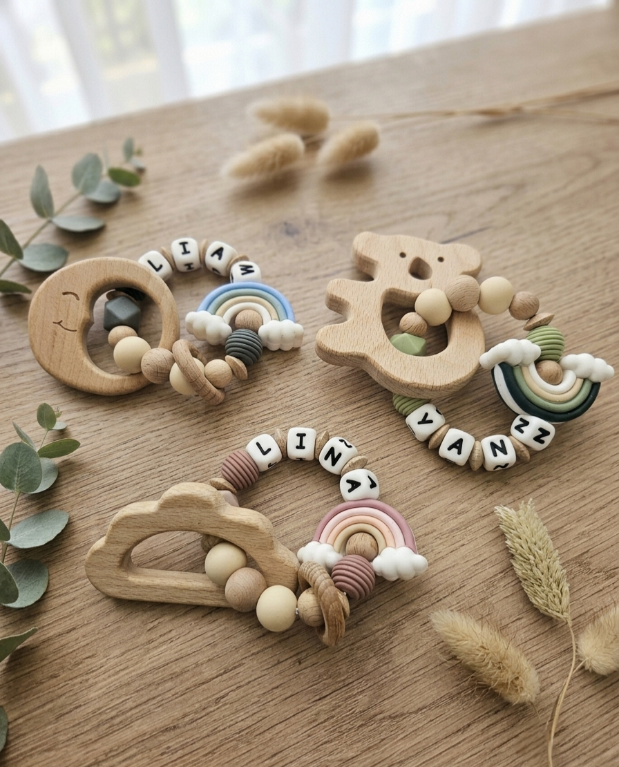 Greifling mit Namen aus Holz | Personalisiertes Baby-Geschenk zur Geburt und Taufe