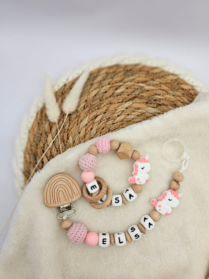 Schnullerkette & Greifling mit Namen, Set personalisiert mit Tiermotiv – BPA-frei, Österreich