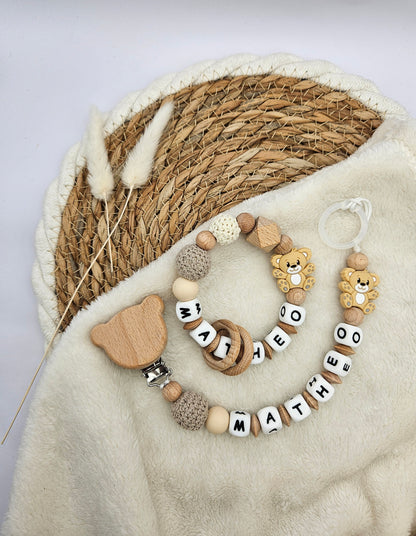 Schnullerkette & Greifling mit Namen, Set personalisiert mit Tiermotiv – BPA-frei, Österreich