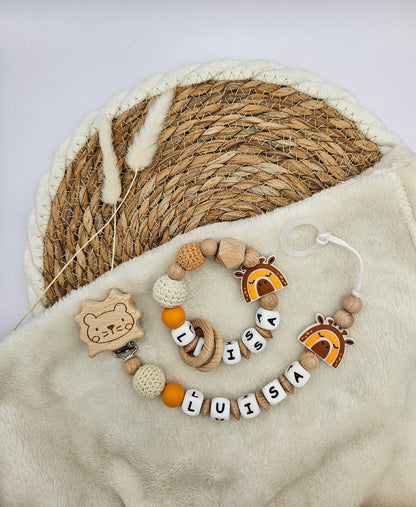 Schnullerkette & Greifling mit Namen, Set personalisiert mit Tiermotiv – BPA-frei, Österreich