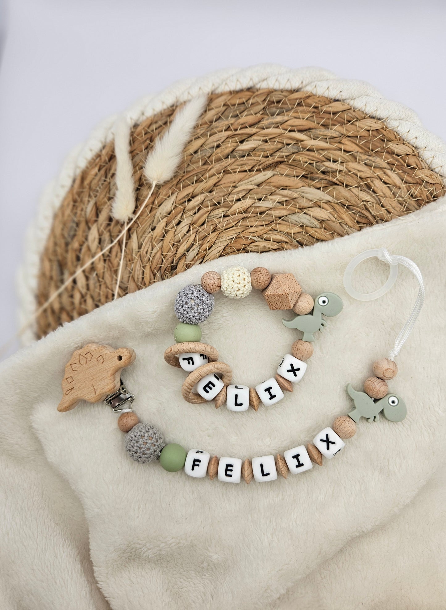 Schnullerkette & Greifling mit Namen, Set personalisiert mit Tiermotiv – BPA-frei, Österreich