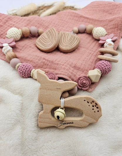 Personalisierte Kinderwagenkette für Mädchen – mit Namen | Holz & Silikon | BPA-frei