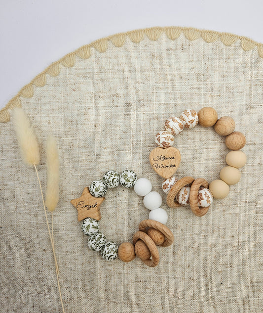 Personalisierter Greifling aus Holz & Silikon - Handgemacht - Boho Stil - Natur - Gravur