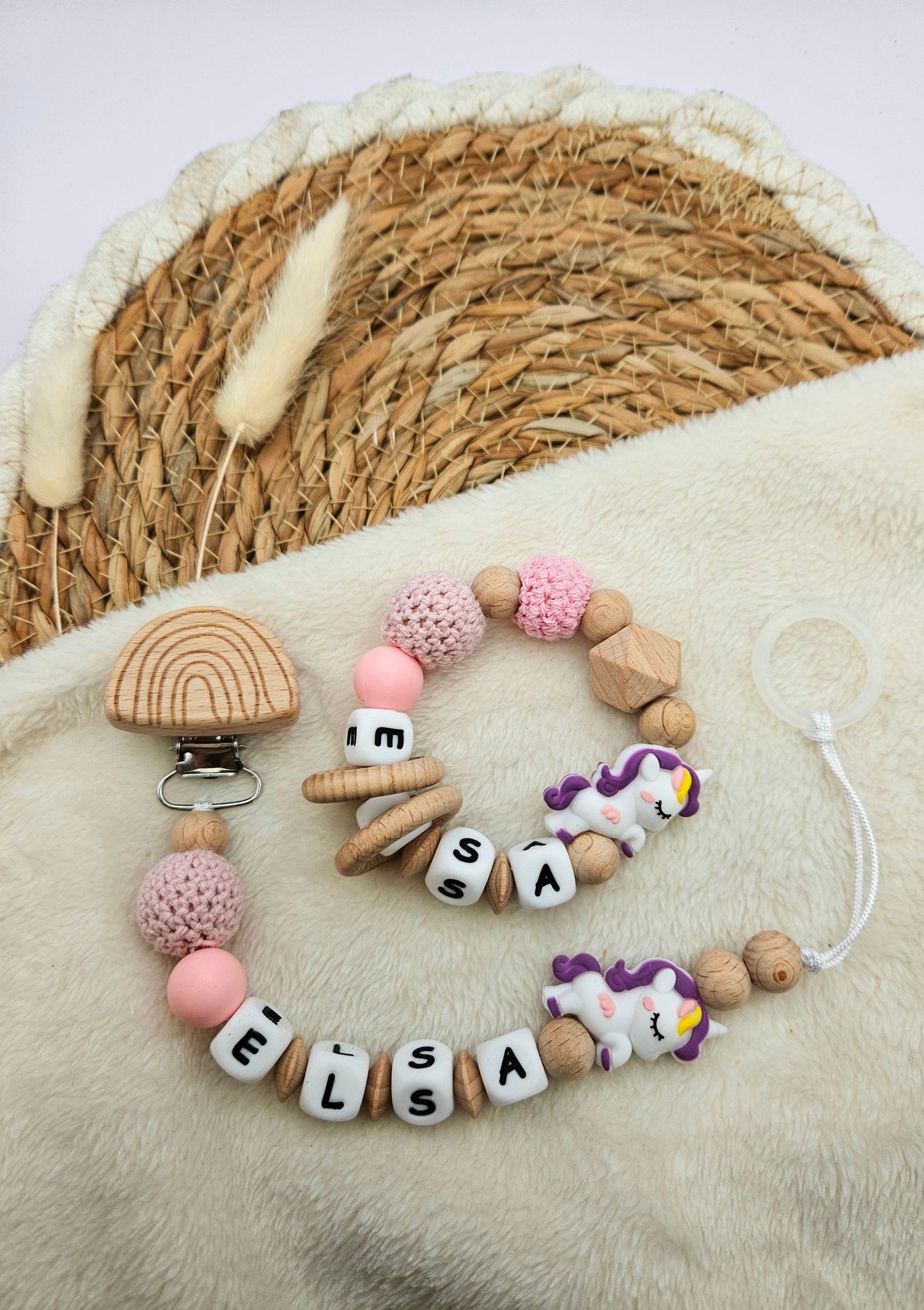 Schnullerkette & Greifling mit Namen, Set personalisiert mit Tiermotiv – BPA-frei, Österreich