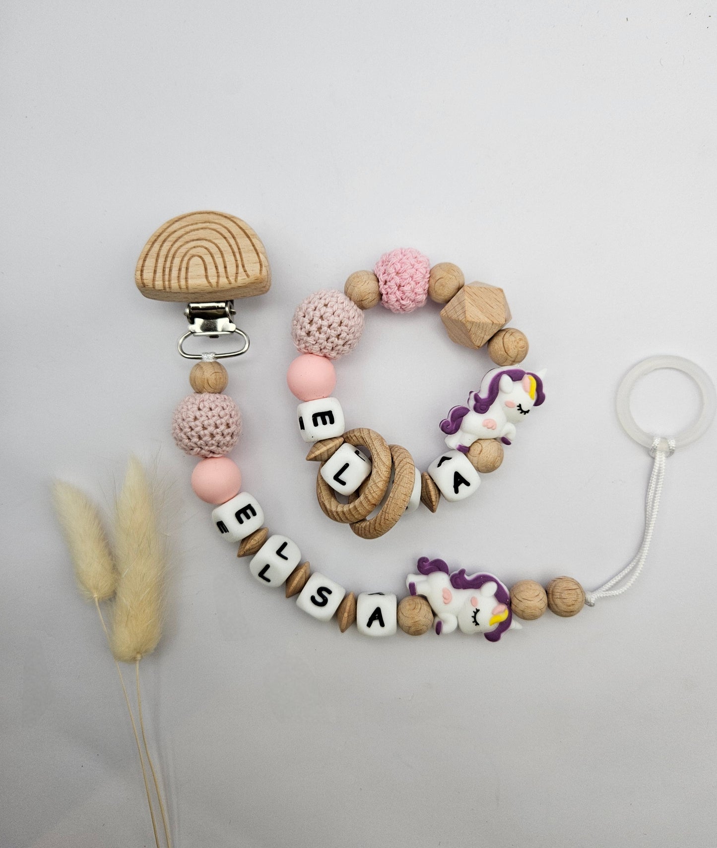 Schnullerkette & Greifling mit Namen, Set personalisiert mit Tiermotiv – BPA-frei, Österreich