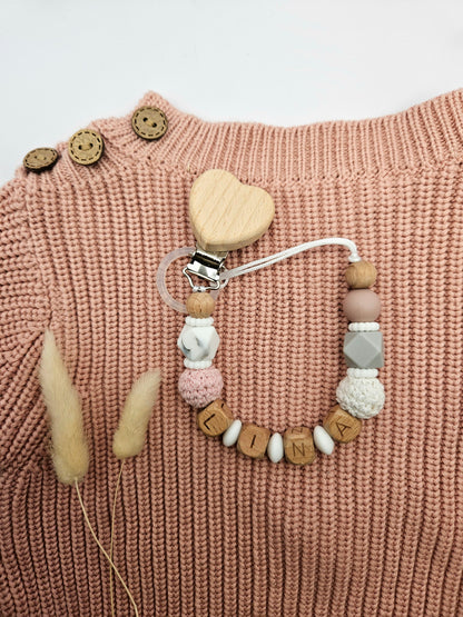 Personalisierte Schnullerkette mit Namen für Mädchen – BPA-frei aus Silikon & Holz, Babygeschenk zur Geburt, Marmordesign/Rose