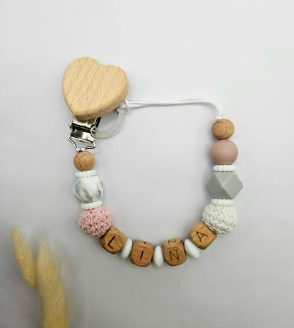 Personalisiertes Baby Set mit Namen Marmordesign/Rose – Kinderwagenkette, Schnullerkette & Greifling für Mädchen