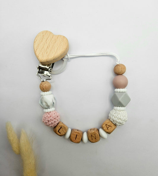 Personalisierte Schnullerkette mit Namen für Mädchen – BPA-frei aus Silikon & Holz, Babygeschenk zur Geburt, Marmordesign/Rose