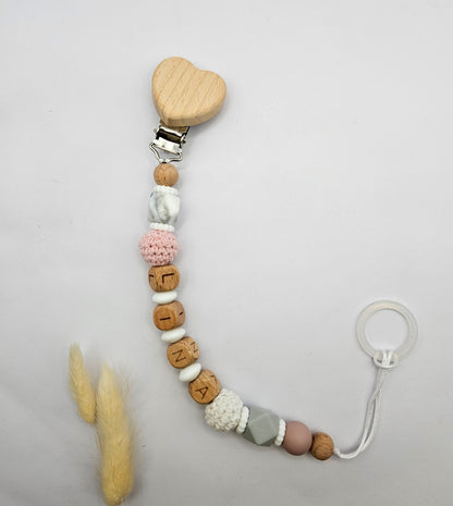 Personalisiertes Baby Set mit Namen Marmordesign/Rose – Kinderwagenkette, Schnullerkette & Greifling für Mädchen