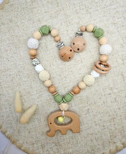 Personalisierte Kinderwagenkette mit Name - Salbeigrün & Holz, Bpa Frei, handgefertigt