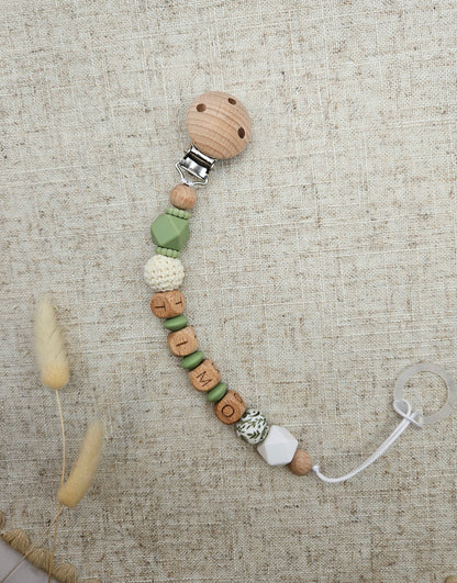 Personalisierte Schnullerkette mit Name - Salbeigrün & Holz, Bpa Frei, handgefertigt