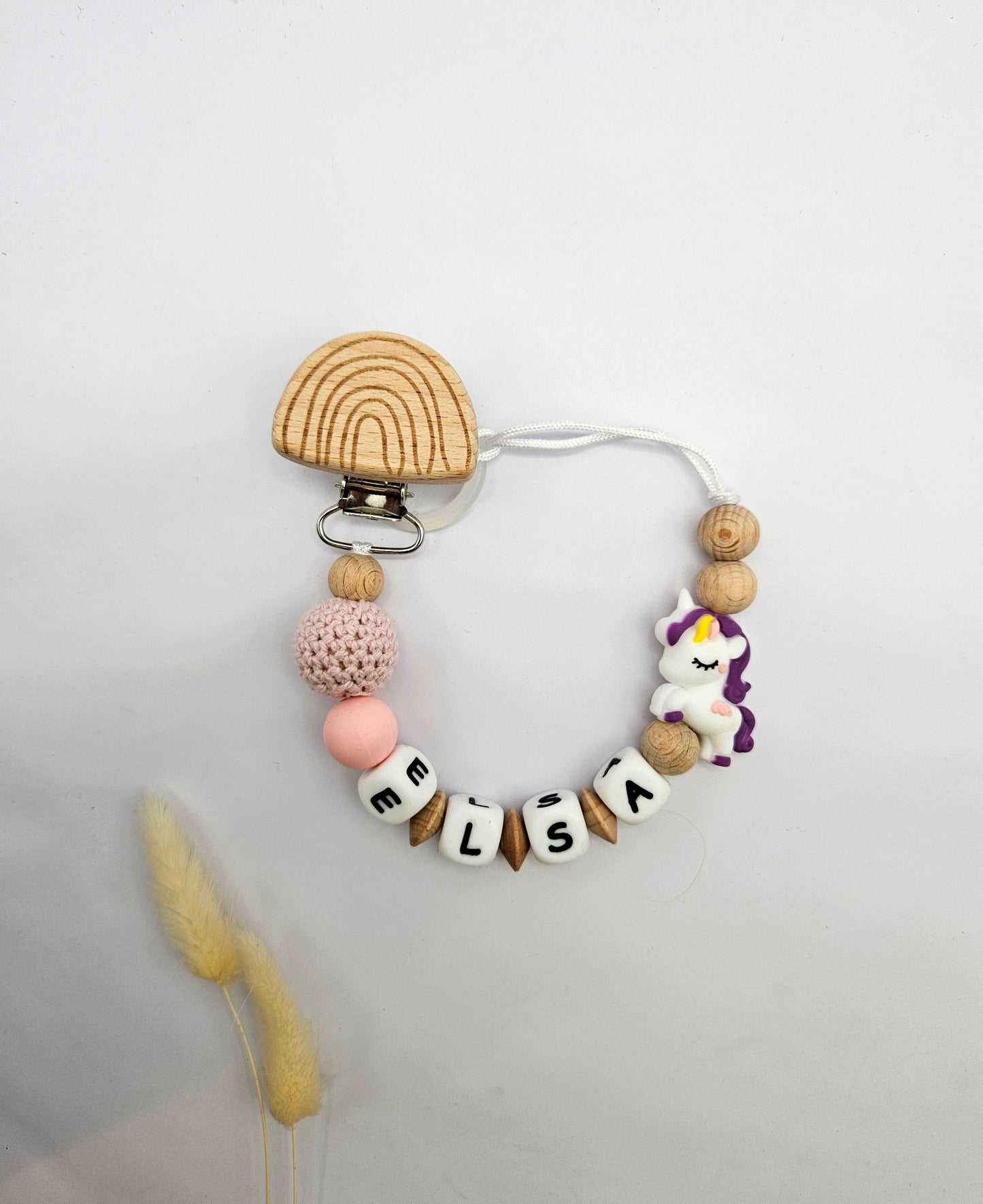 Schnullerkette mit Namen und Tiermotiv |  Personalisiertes Geschenk für Babys | Babyartikel | Weiße Silikonbuchstaben
