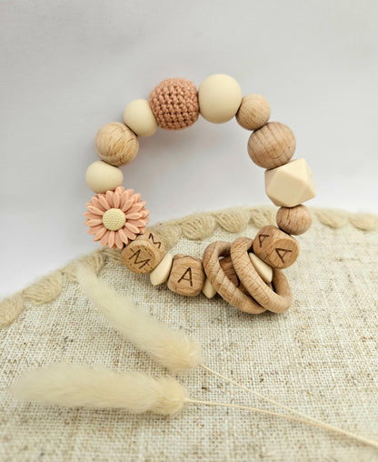 Personalisierter Greifling mit Namen | Blumen Pfirsich | Holz & Silikon