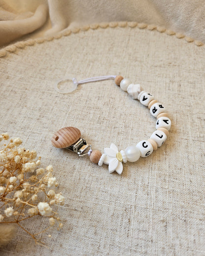 Personalisierte Schnullerkette mit Namen | Silikonbuchstaben & Lotus | Weiß/Beige/Holz