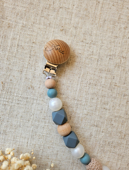 Personalisierte Schnullerkette Blau-Grau | Namensgravur | Geschenk zur Geburt & Taufe