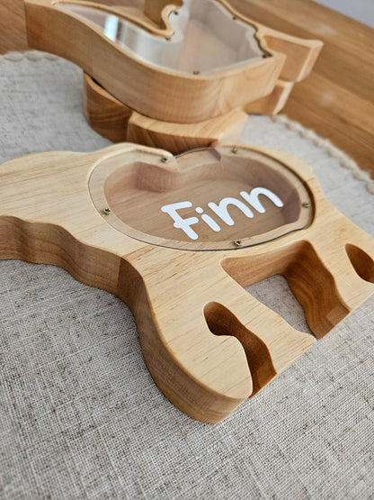 Personalisierte Tier-Spardose mit Namen – Holz-Sparschwein zur Geburt & Taufe, Geschenke für Kinder