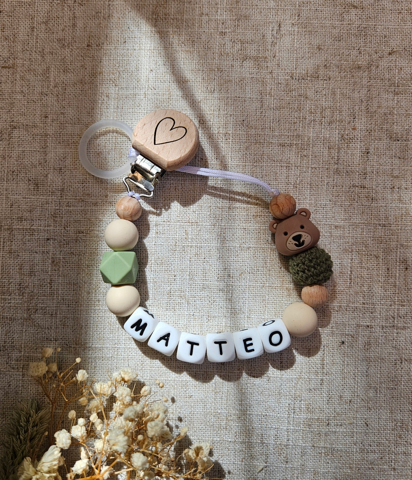 Personalisierte Schnullerkette mit Namen – Beige Schnullerkette mit Bär aus Silikon & Holz | Babygeschenk