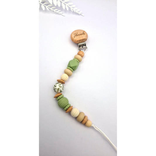 Personalisierte Schnullerkette mit Gravur | Holz & Silikon Natur Grün Beige | Geschenk zur Geburt | Handgefertigte Schnullerkette für Babys
