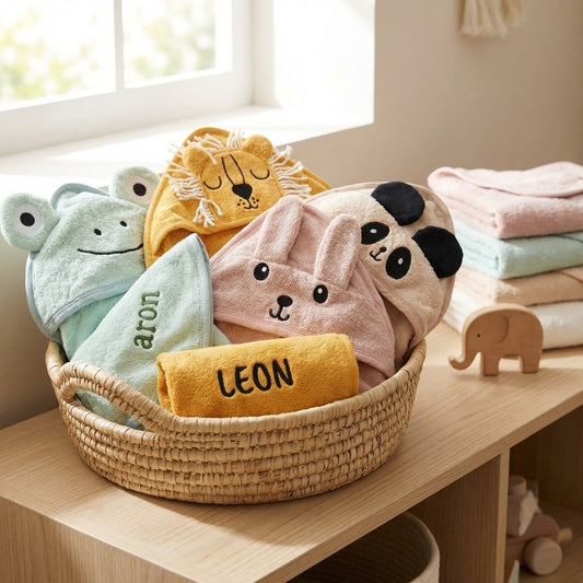 Kapuzenhandtuch für dein Baby mit Namen aus 100% Baumwolle – Weiches Tier Design,mit Namen bestickt – Geschenk zur Geburt oder Taufe