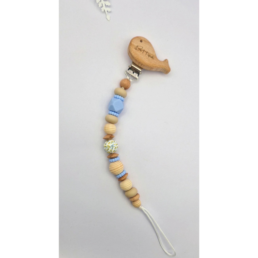Personalisierte Schnullerkette mit Gravur | Holz & Silikon naturblau | Geschenk zur Geburt | Handgefertigte Schnullerkette für Babys