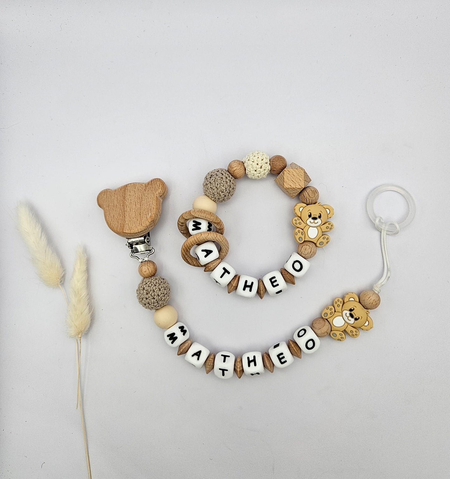 Schnullerkette & Greifling mit Namen, Set personalisiert mit Tiermotiv – BPA-frei, Österreich