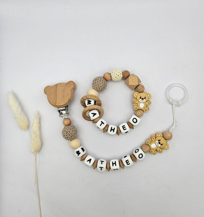 Schnullerkette & Greifling mit Namen, Set personalisiert mit Tiermotiv – BPA-frei, Österreich