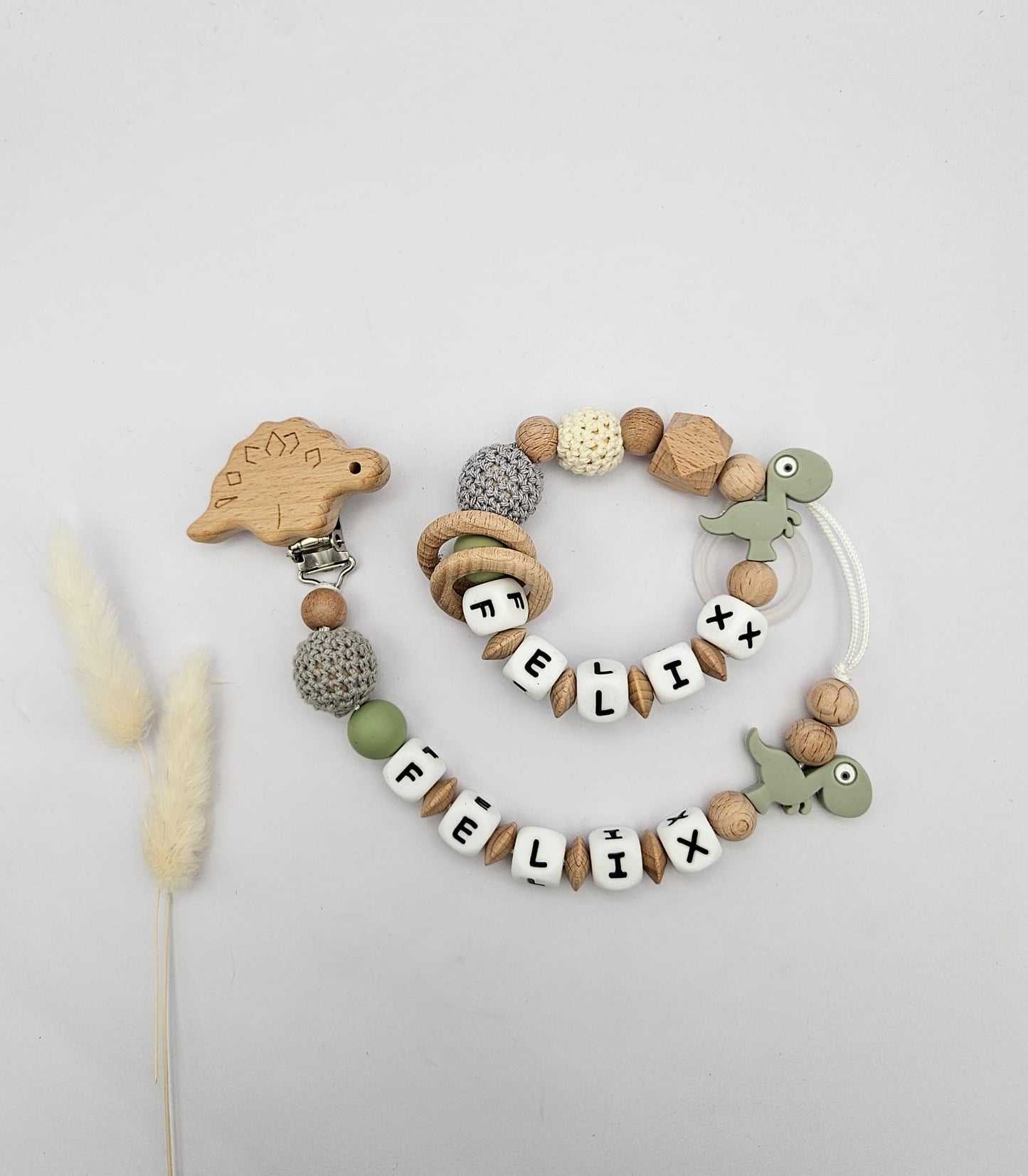 Schnullerkette & Greifling mit Namen, Set personalisiert mit Tiermotiv – BPA-frei, Österreich