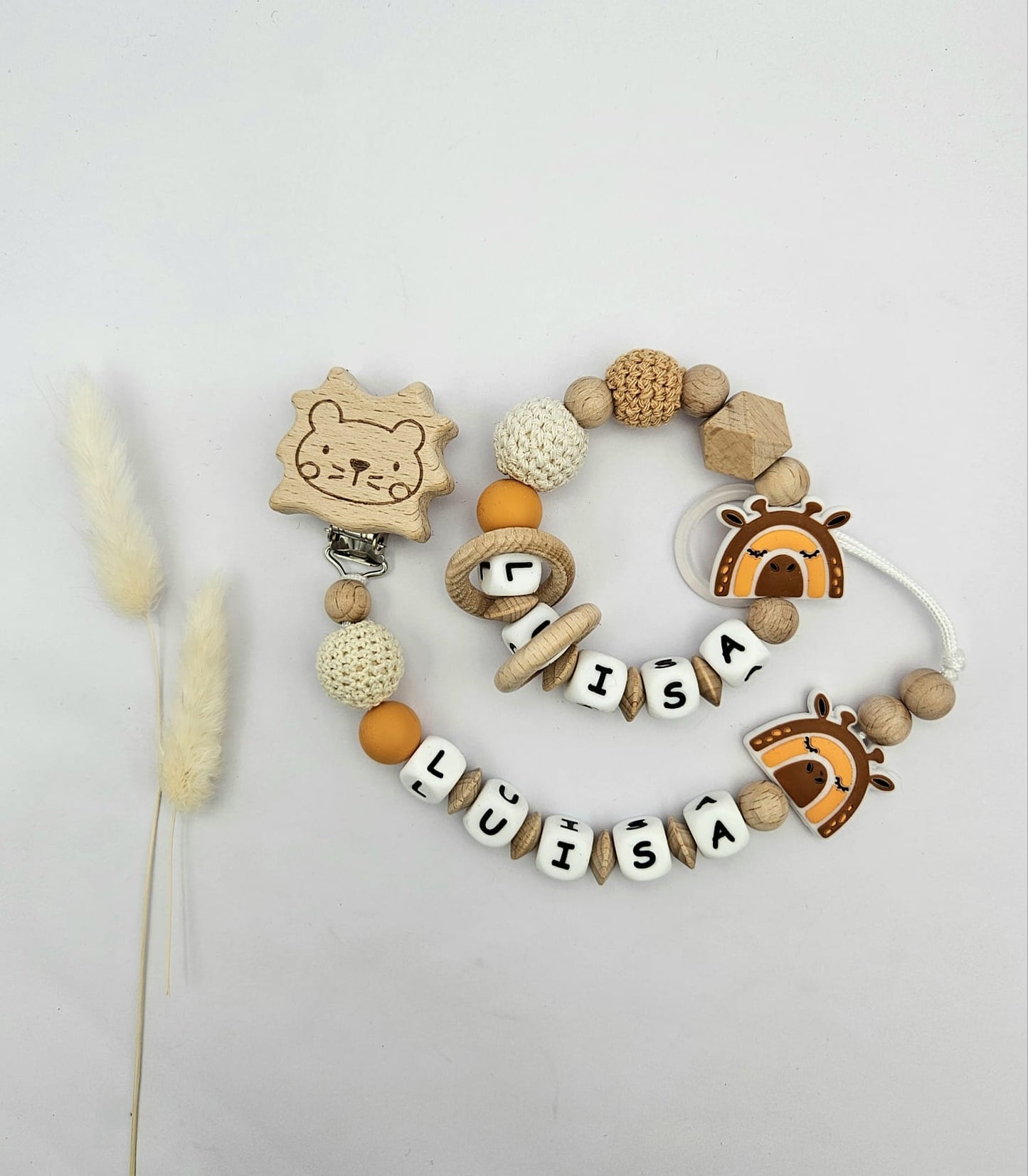 Schnullerkette & Greifling mit Namen, Set personalisiert mit Tiermotiv – BPA-frei, Österreich