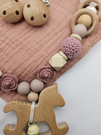 Personalisiertes Baby Set mit Namen – Kinderwagenkette, Schnullerkette & Greifling für Mädchen