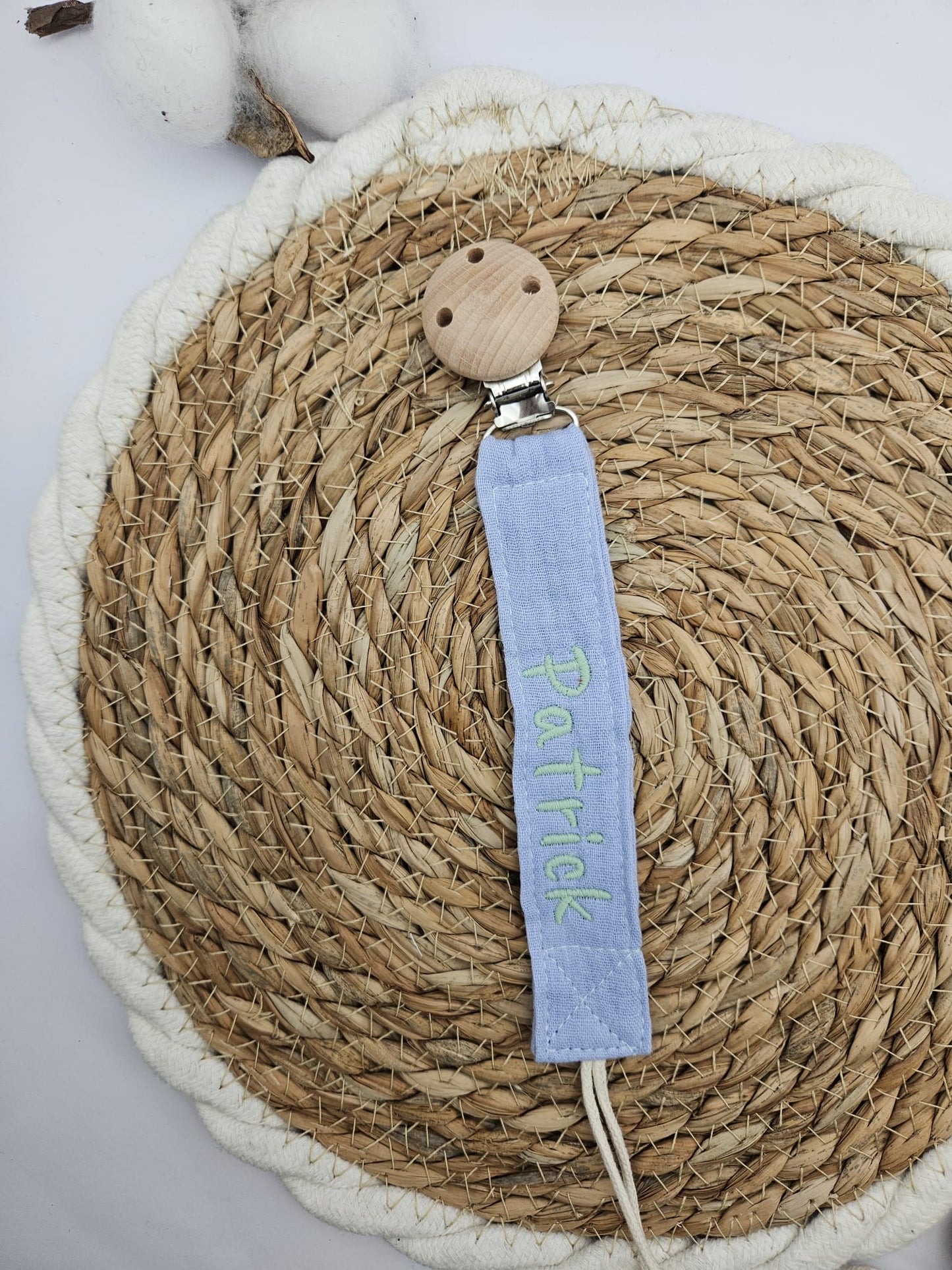 Personalisierte Schnullerkette mit Namen - Musselin Baumwolle – Boho Babygeschenk - individuell bestickt