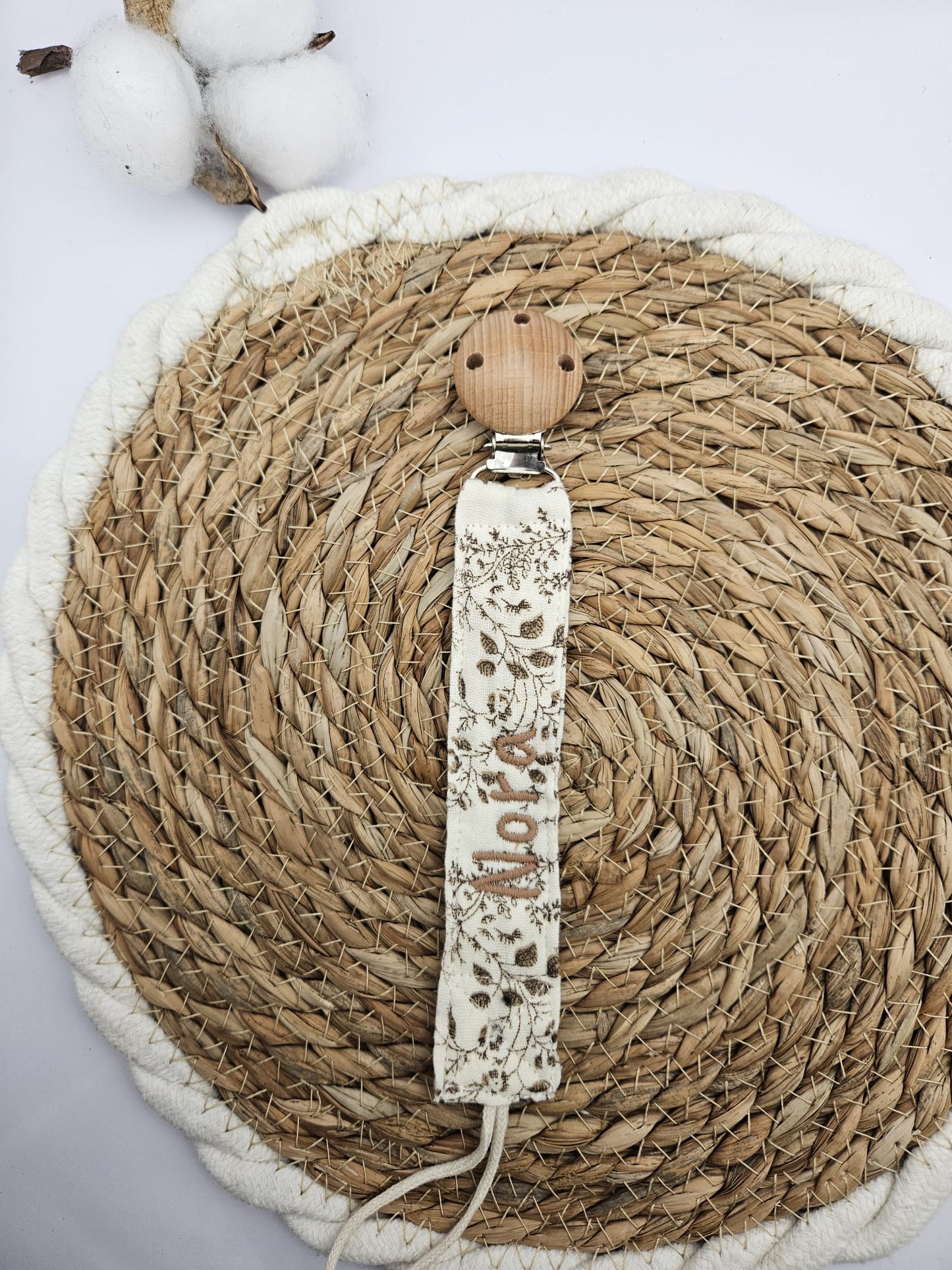 Personalisierte Schnullerkette mit Namen - Musselin Baumwolle – Boho Babygeschenk - individuell bestickt