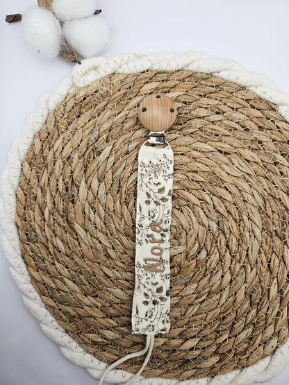 Personalisierte Schnullerkette mit Namen - Musselin Baumwolle – Boho Babygeschenk - individuell bestickt