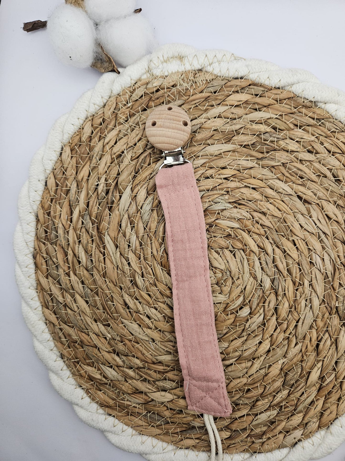 Personalisierte Schnullerkette mit Namen - Musselin Baumwolle – Boho Babygeschenk - individuell bestickt