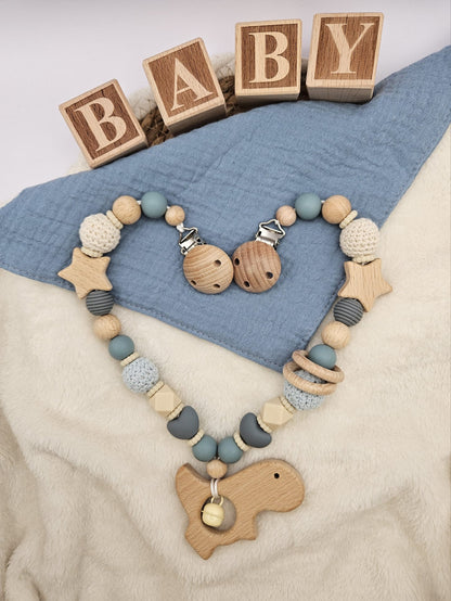 Personalisierte Kinderwagenkette für Jungen mit Namen – Grau Blau mit Sternen | BPA-frei