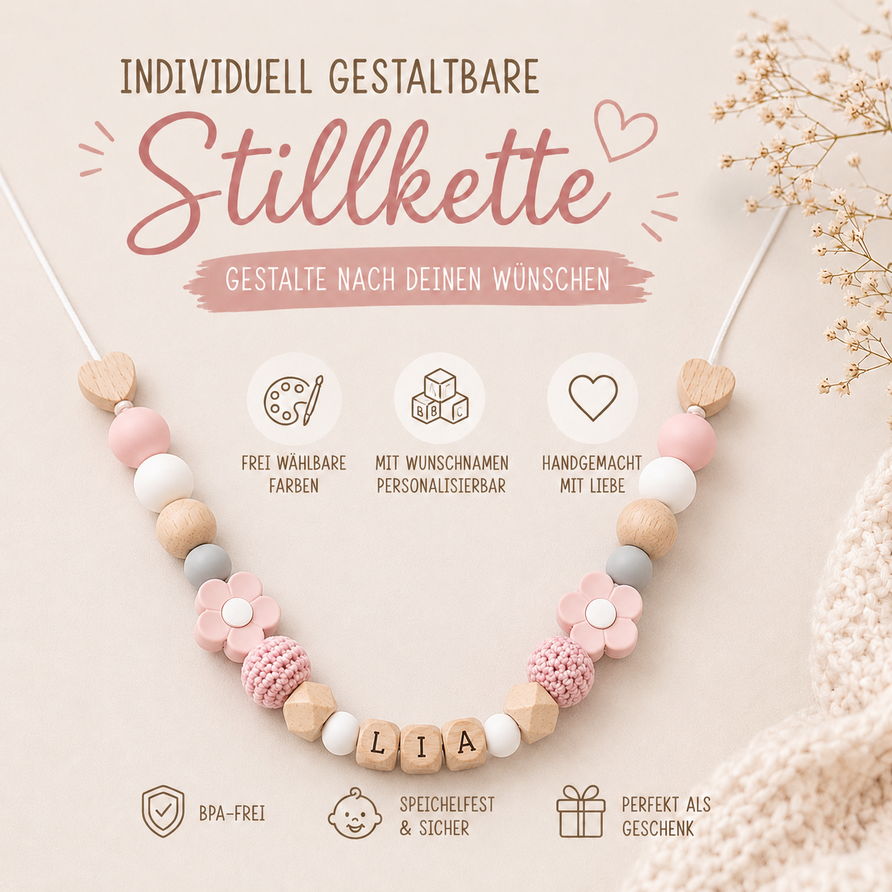 Individuell gestaltbare Stillkette für Baby & Mama | selbst designen mit Namen | BPA-frei & handgemacht