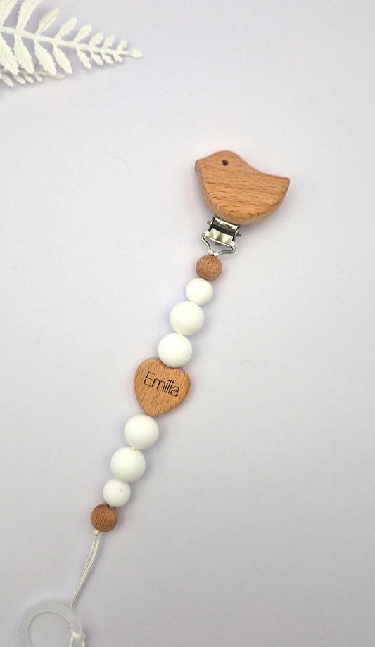 Personalisierte Schnullerkette mit Namen | weiß | Babygeschenk zur Geburt & Taufe | Handgefertigter Schnullerhalter BPA-frei | Mit Namensgravur