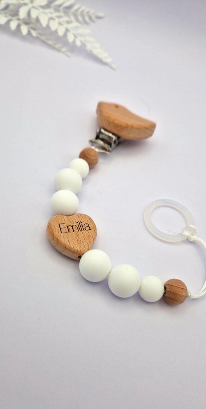 Personalisierte Schnullerkette mit Namen | weiß | Babygeschenk zur Geburt & Taufe | Handgefertigter Schnullerhalter BPA-frei | Mit Namensgravur