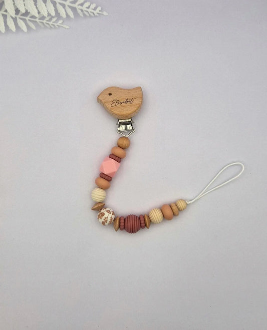 Personalisierte Schnullerkette mit Gravur | Holz & Silikon natur rosa | Geschenk zur Geburt | Handgefertigte Schnullerkette für Babys