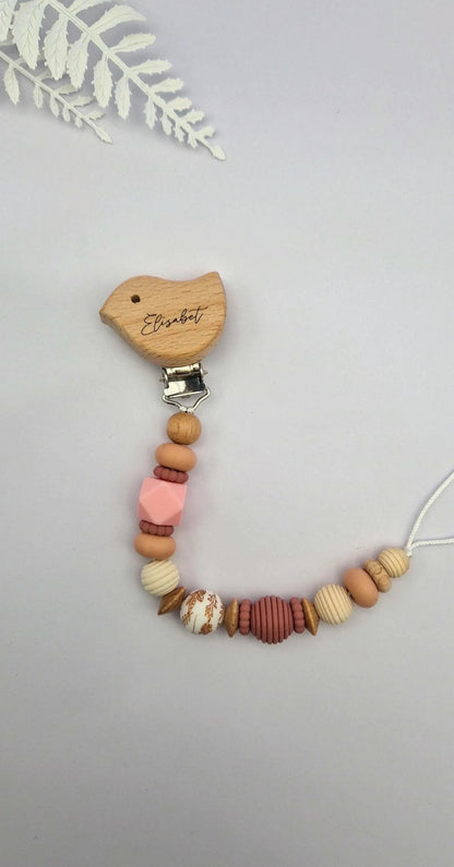 Personalisierte Schnullerkette mit Gravur | Holz & Silikon natur rosa | Geschenk zur Geburt | Handgefertigte Schnullerkette für Babys