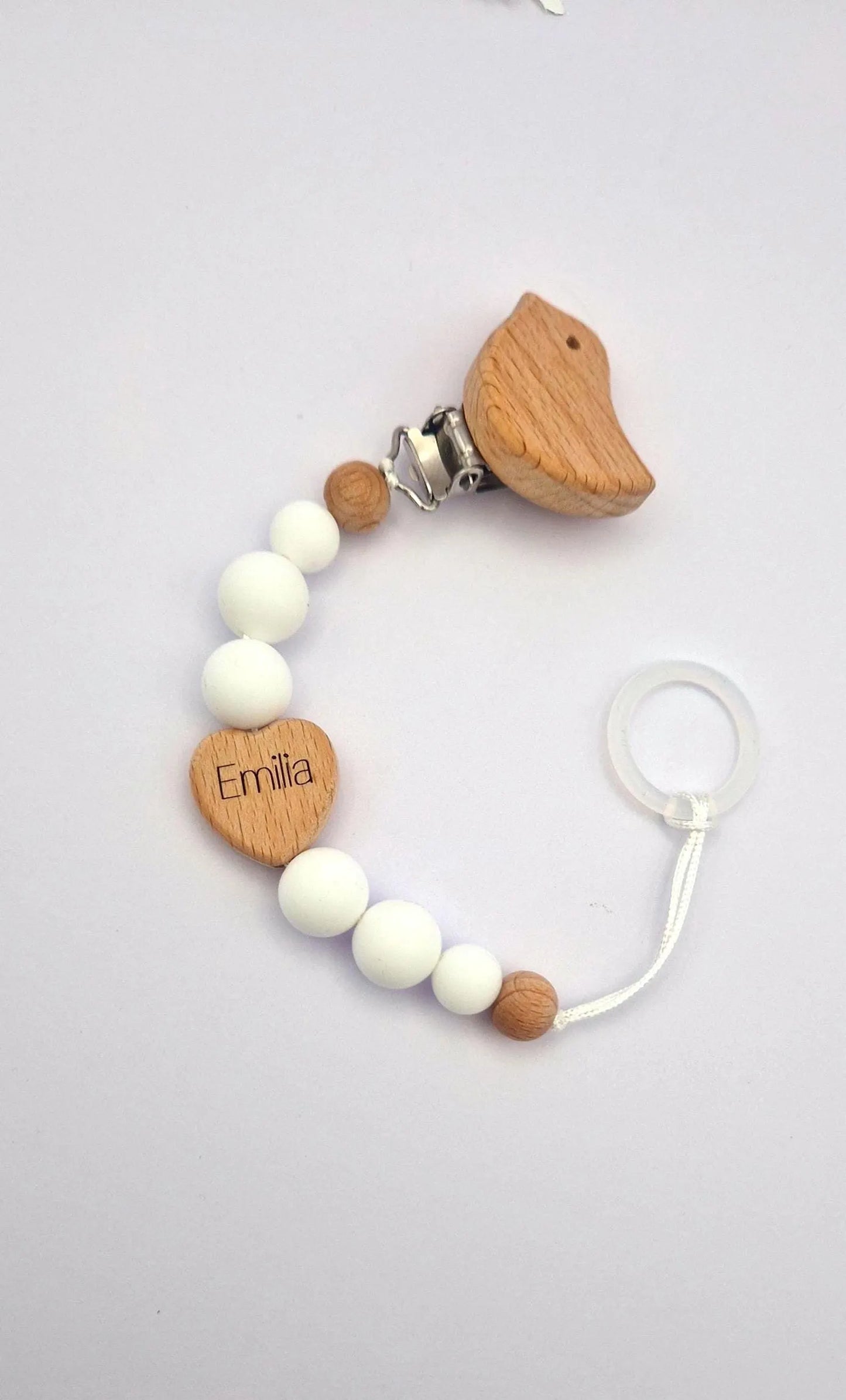 Personalisierte Schnullerkette mit Namen | weiß | Babygeschenk zur Geburt & Taufe | Handgefertigter Schnullerhalter BPA-frei | Mit Namensgravur