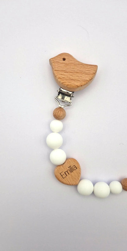 Personalisierte Schnullerkette mit Namen | weiß | Babygeschenk zur Geburt & Taufe | Handgefertigter Schnullerhalter BPA-frei | Mit Namensgravur