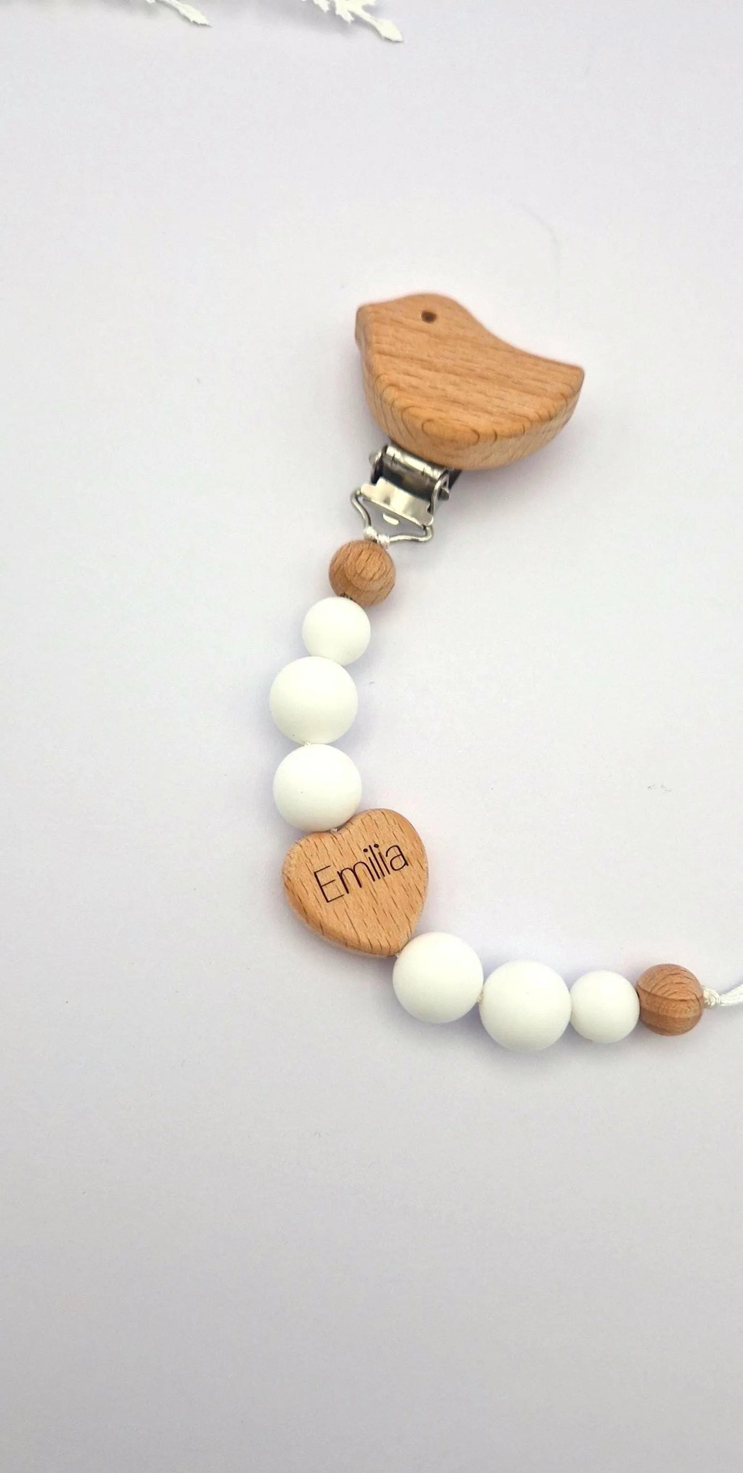 Personalisierte Schnullerkette mit Namen | weiß | Babygeschenk zur Geburt & Taufe | Handgefertigter Schnullerhalter BPA-frei | Mit Namensgravur