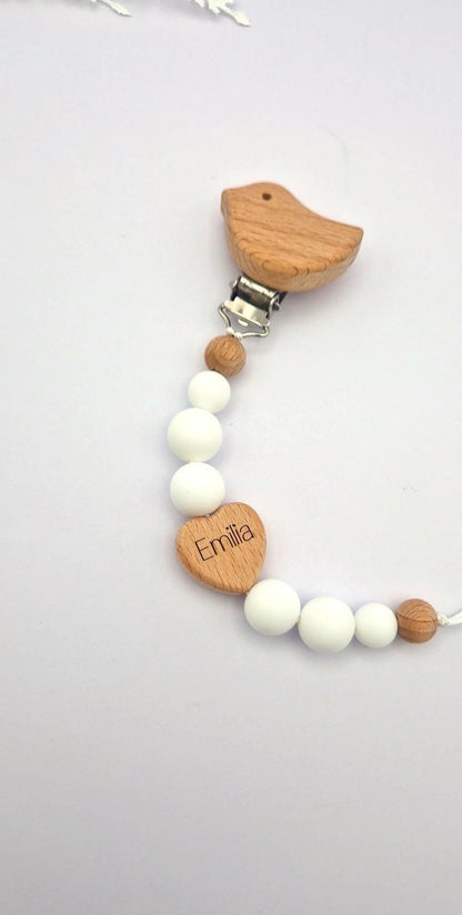 Personalisierte Schnullerkette mit Namen | weiß | Babygeschenk zur Geburt & Taufe | Handgefertigter Schnullerhalter BPA-frei | Mit Namensgravur