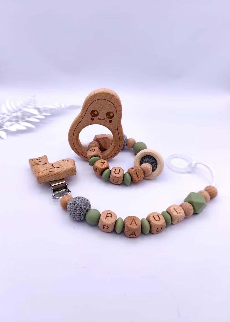 Baby Geschenkset Personalisiert Grün – Schnullerkette mit Namen & Greifling – Geburtsgeschenk, Taufgeschenk, Babygeschenk Mädchen Junge