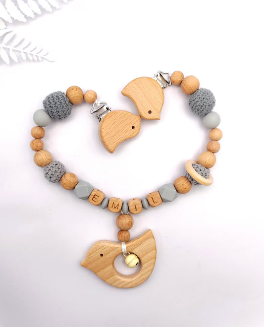 Personalisierte KINDERWAGENKETTE mit Namen: Montessori-Babyparty Geschenk aus Holz und Silikon zur Geburt oder Taufe