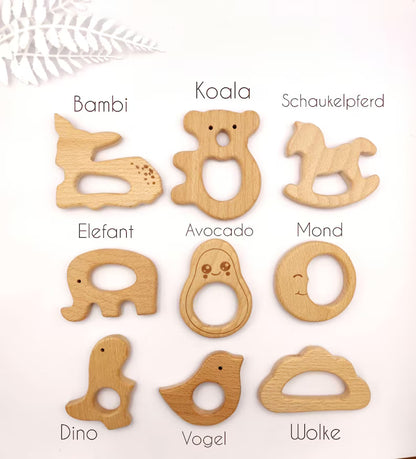 Personalisierte KINDERWAGENKETTE mit Namen: Montessori-Babyparty Geschenk aus Holz und Silikon zur Geburt oder Taufe