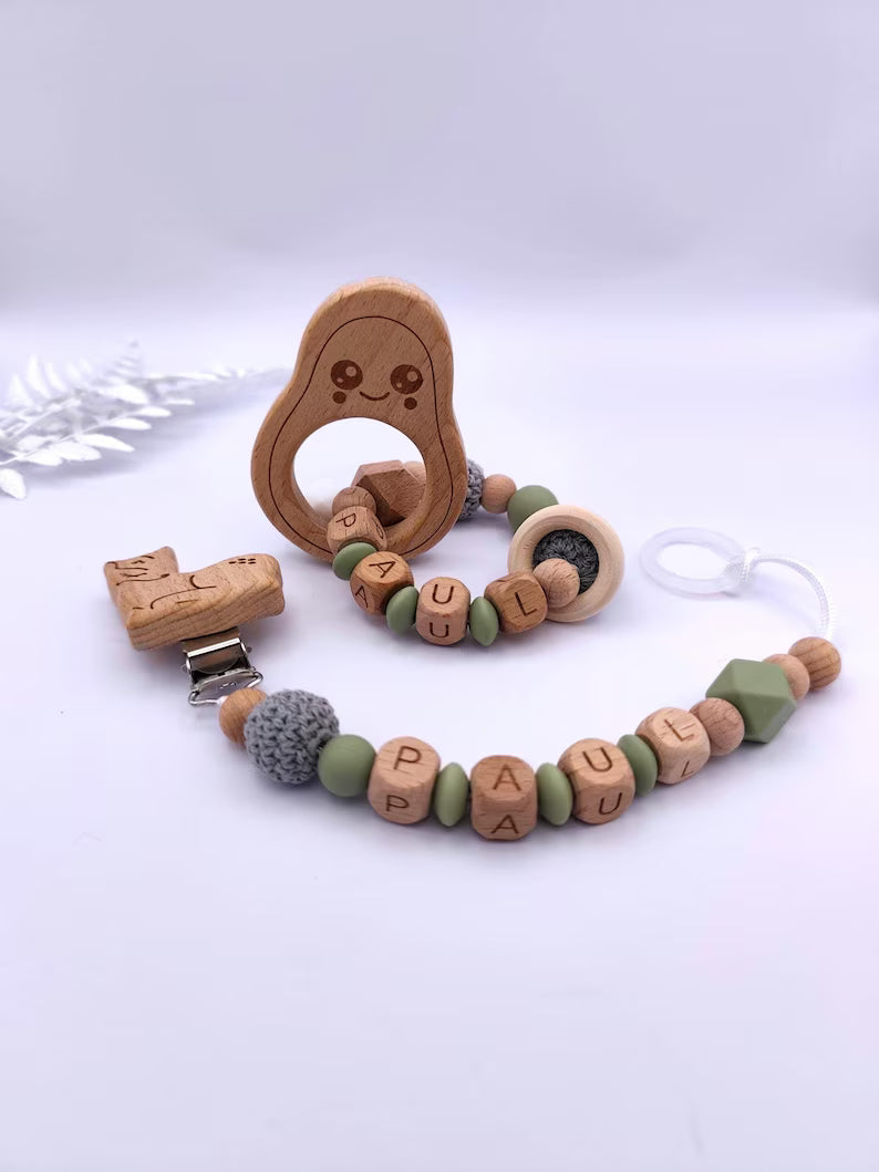 Baby Geschenkset Personalisiert Grün – Schnullerkette mit Namen & Greifling – Geburtsgeschenk, Taufgeschenk, Babygeschenk Mädchen Junge