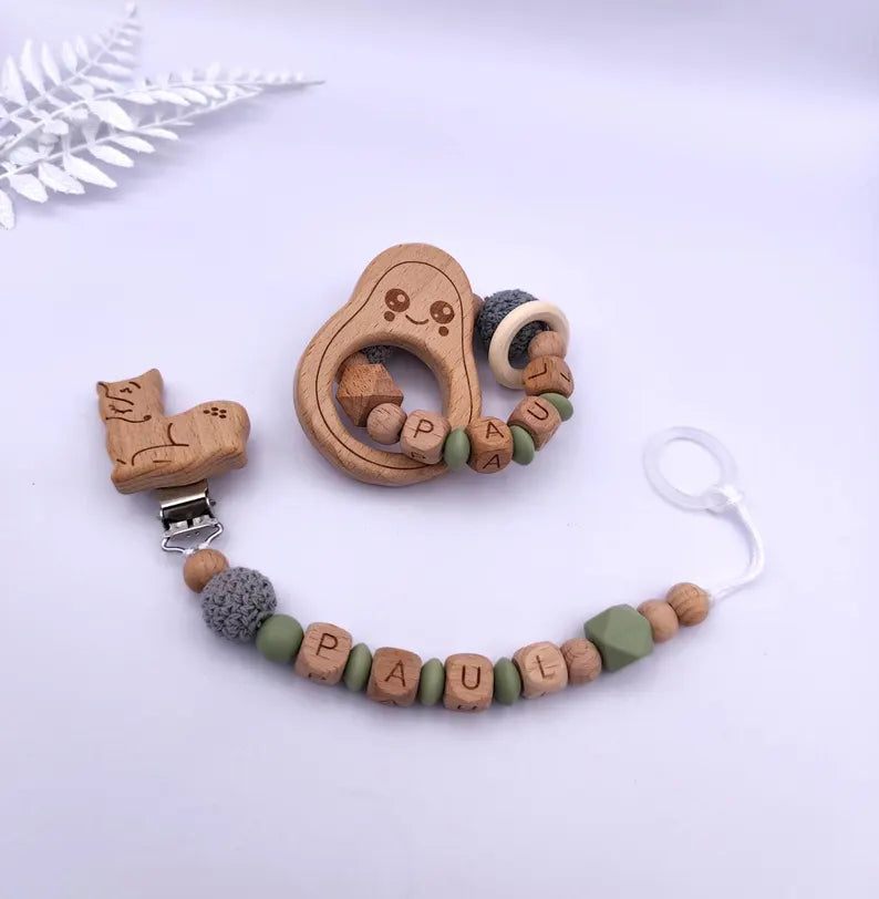Baby Geschenkset Personalisiert Grün – Schnullerkette mit Namen & Greifling – Geburtsgeschenk, Taufgeschenk, Babygeschenk Mädchen Junge