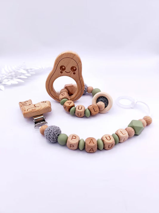Baby Geschenkset Personalisiert Grün – Schnullerkette mit Namen & Greifling – Geburtsgeschenk, Taufgeschenk, Babygeschenk Mädchen Junge
