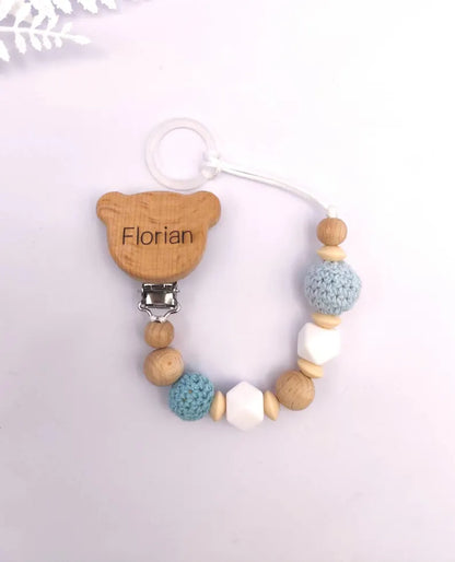 Personalisierte BABY-SCHNULLERKETTE aus Holz und Silikon: Montessori- und Sensorikspielzeug Geschenk zur Geburt oder Taufe